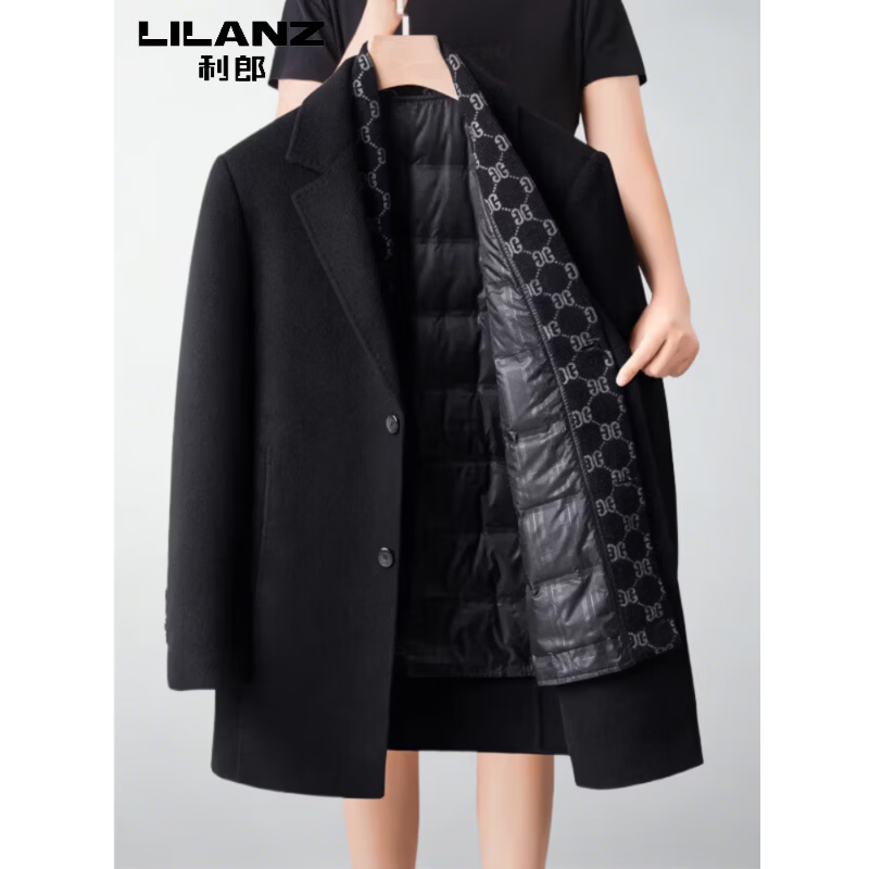 LILANG利郎冬季羽绒内胆双面呢大衣男羊绒中长款羊毛呢子外套毛呢厚 黑色 4XL 195 京东折扣/优惠券