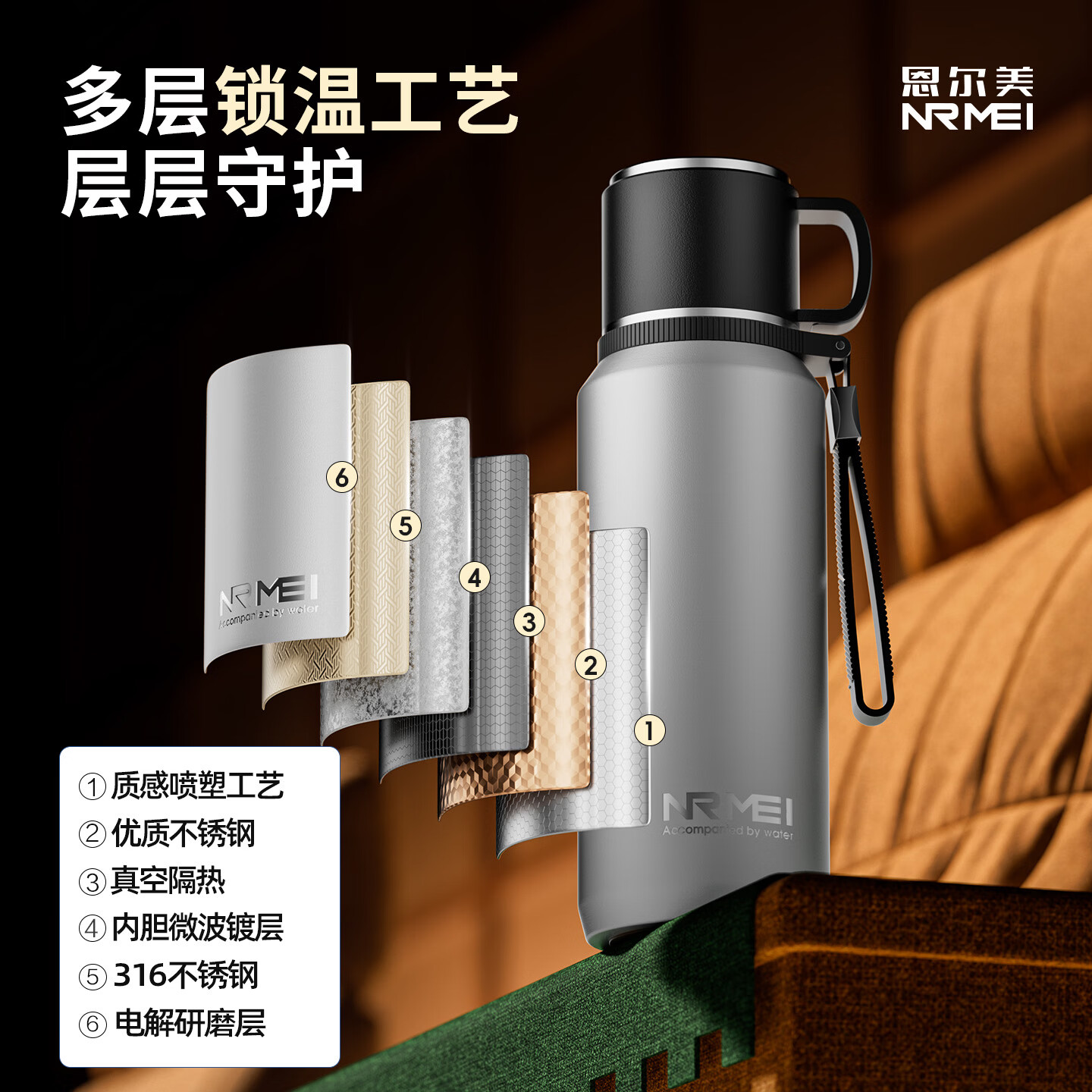 恩尔美（nRMEi）保温杯大容量茶水分离焖泡茶杯316不锈钢男士便携高档水杯新款 【流光银】800毫升/茶水分离