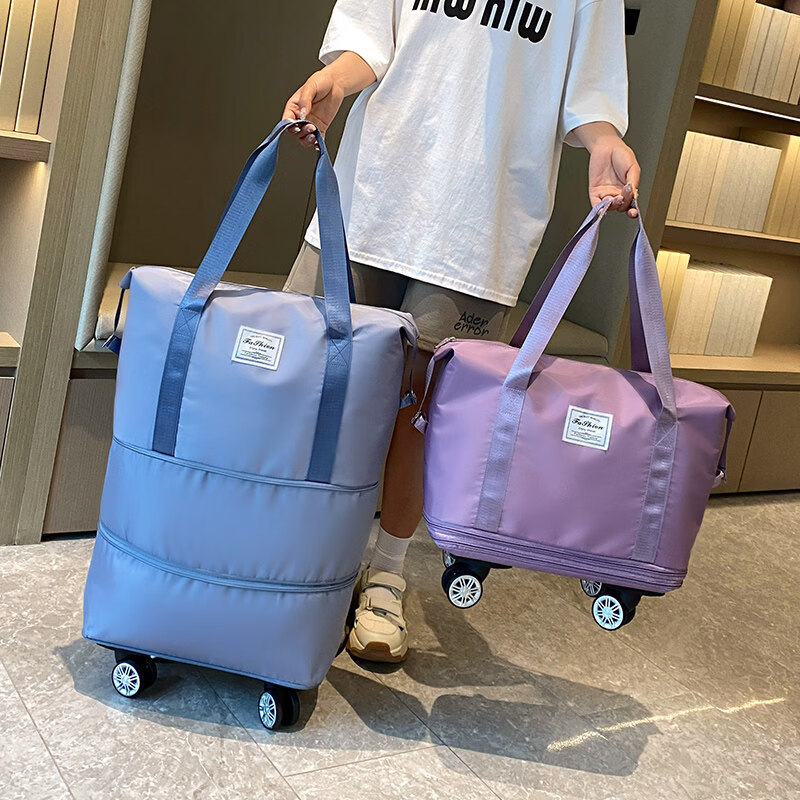 轮旅行包廉航登机包运动旅游包行李袋带滑 深蓝色万向轮款_可扩展三层