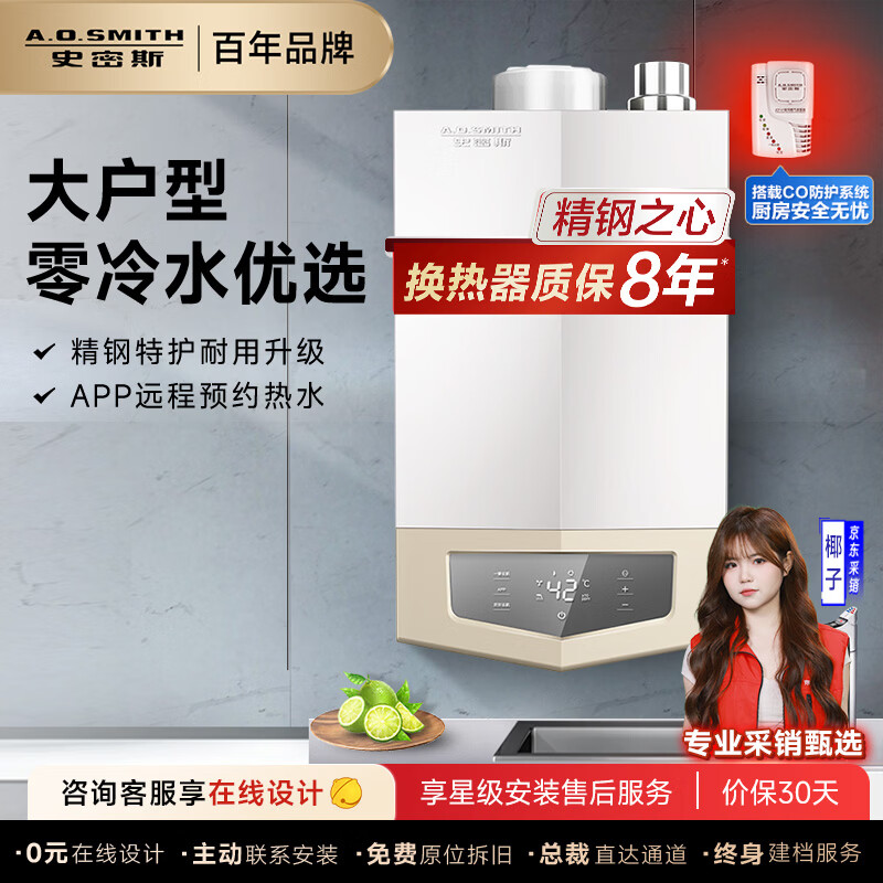 史密斯(A.O.SMITH)燃气热水器20升家电 零冷水智能控制防CO中毒 精钢不锈钢换热器8年包换 大户型MJSX 20L 【智能零冷水】