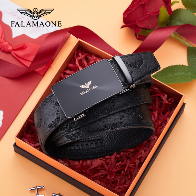 FALAMAONE法莱阿玛尼男士腰带真皮奢侈品正品2025经典款牛皮皮带男士自动扣 新款压花纹【花束+实木礼盒】 120cm 改尺寸下单备注或联系客服