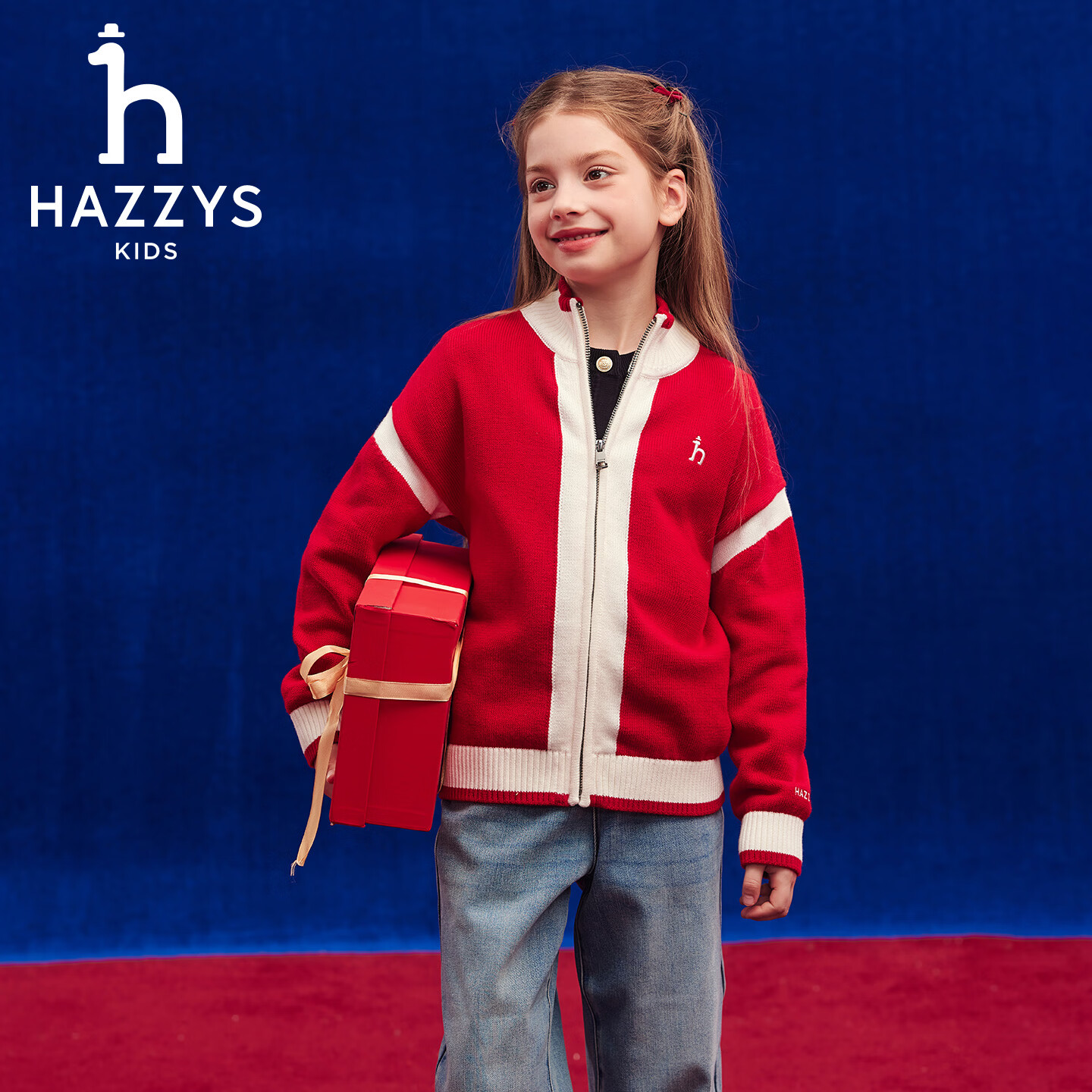 哈吉斯(HAZZYS)童装男女童毛衣2026春新年喜庆开衫针织上衣 藏蓝 165