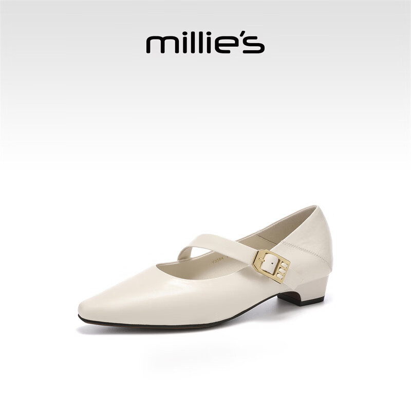 妙丽（Millies）玛丽珍鞋女粗跟时尚浅口潮流气质2026春季新款百搭配裙子单鞋 米色 36 (230mm) 标准码