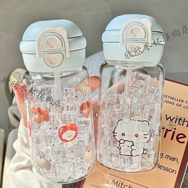 儿童水杯塑料实用卡通可爱双饮口女高颜值耐摔便携家用男吸管学生 白色点点 500ml 【PC材质】耐高温