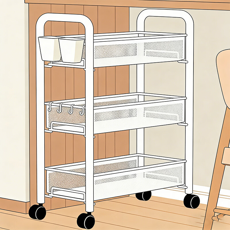 尔思家书桌旁可移动书架带轮小推车桌下置物架落地收纳架办公室储物柜 3层白-豪华加厚【滑轮+挂钩】