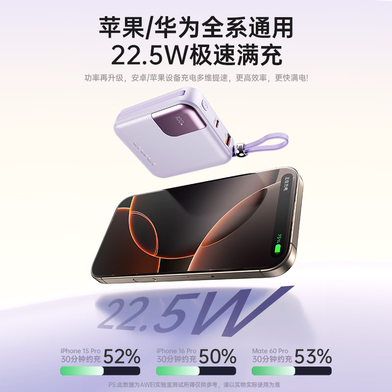 用维（AWEI）【26年新品|3C认证】自带双线充电宝10000毫安容量自带双线22W快充数显移动电源迷你超薄小巧便携 【紫色】电量数显丨自带双线 3C认证 | 可上飞机