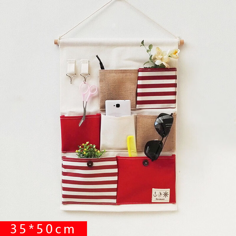 居家布艺多层收纳袋宿舍门后床头墙挂式储物袋学生寝室衣柜壁挂袋 拼红大三兜