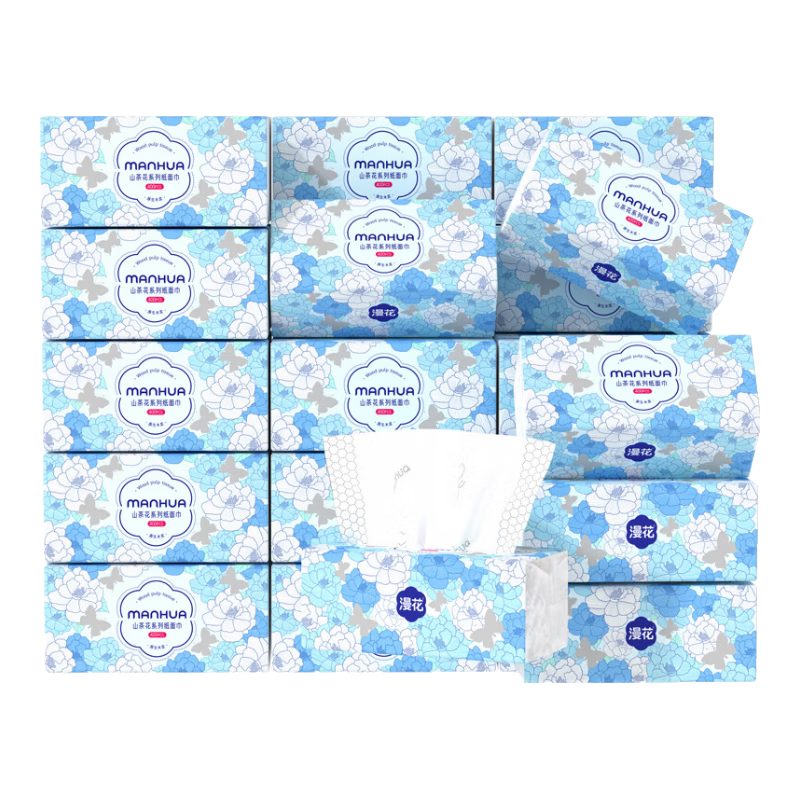 漫花山茶花大包抽纸纸巾大尺寸餐巾纸面巾纸擦手家用卫生纸原木纸B 山茶花抽纸 5层 400张*18包