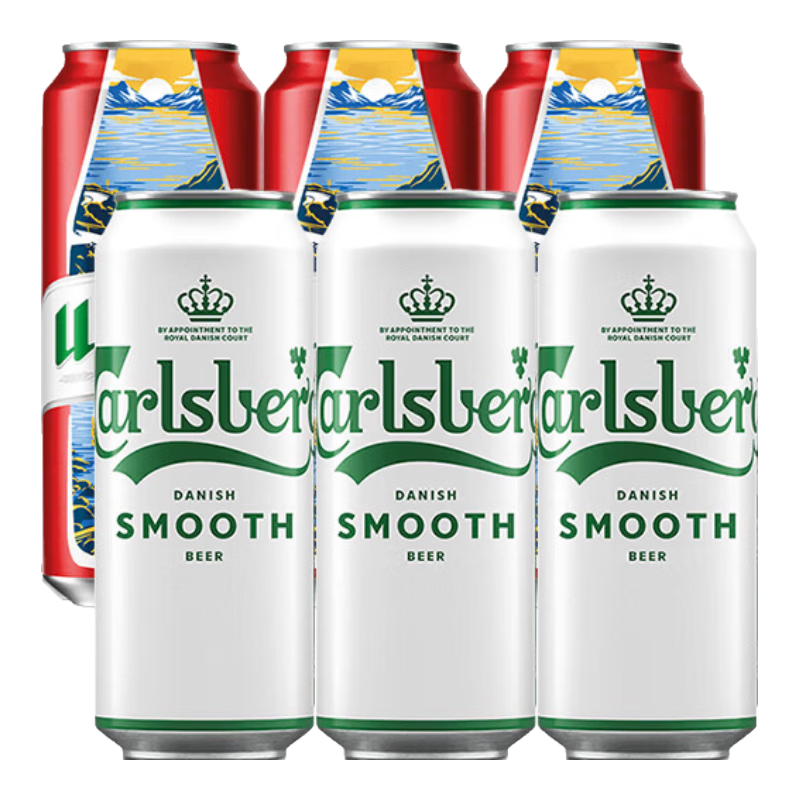 嘉士伯醇滑+红乌苏500ml*（3+3）罐柔烈碰撞双口感组合啤酒整箱非原箱装 【柔烈双拼】醇滑+红乌苏 500mL 6罐 组合装 非原箱