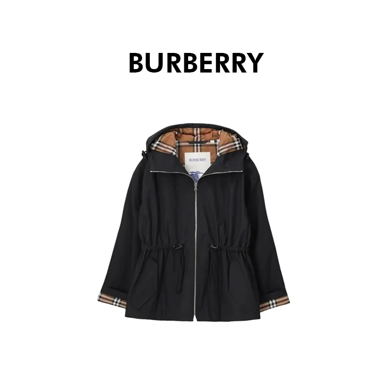 BURBERRY柏博利巴宝莉新款女士黑色棉质格纹内衬连帽长袖夹克81191491 S