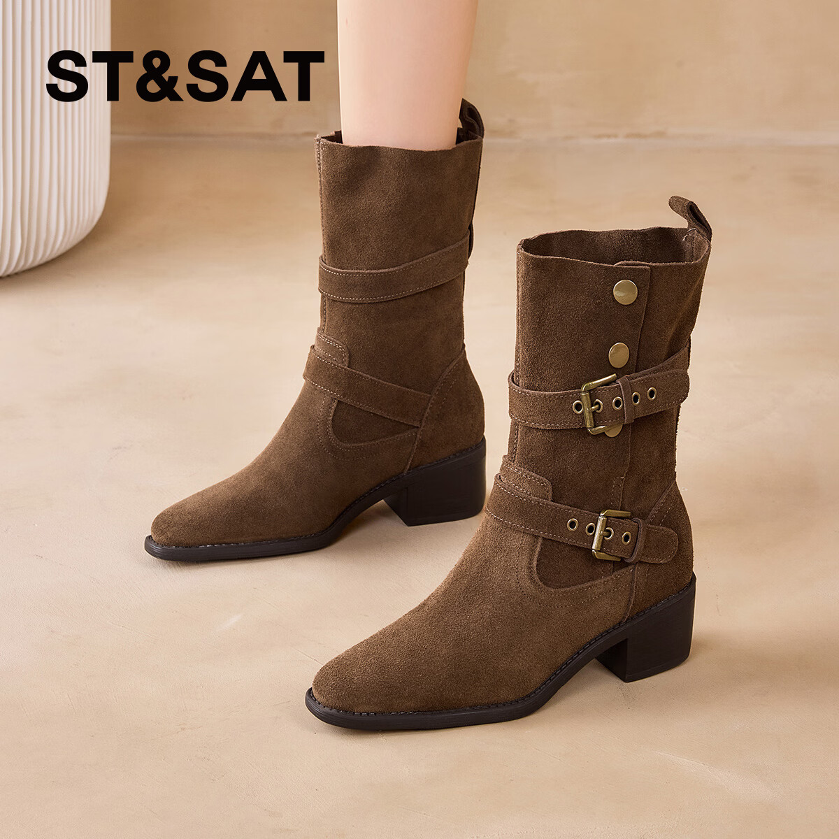 星期六粗跟短靴女款2025新款冬季尖头棕色靴子女西部牛仔马丁靴女 咖色 35