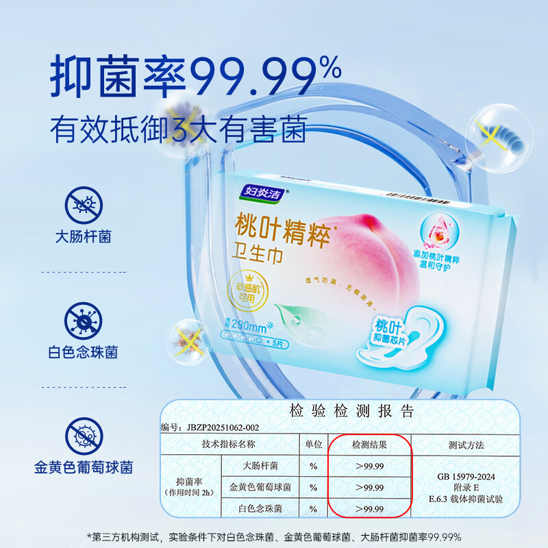 妇炎洁桃叶植萃精华卫生巾抑菌芯片干爽敏感肌专用不刺激轻薄能吸姨妈巾 日用3包迷你2包护垫1包