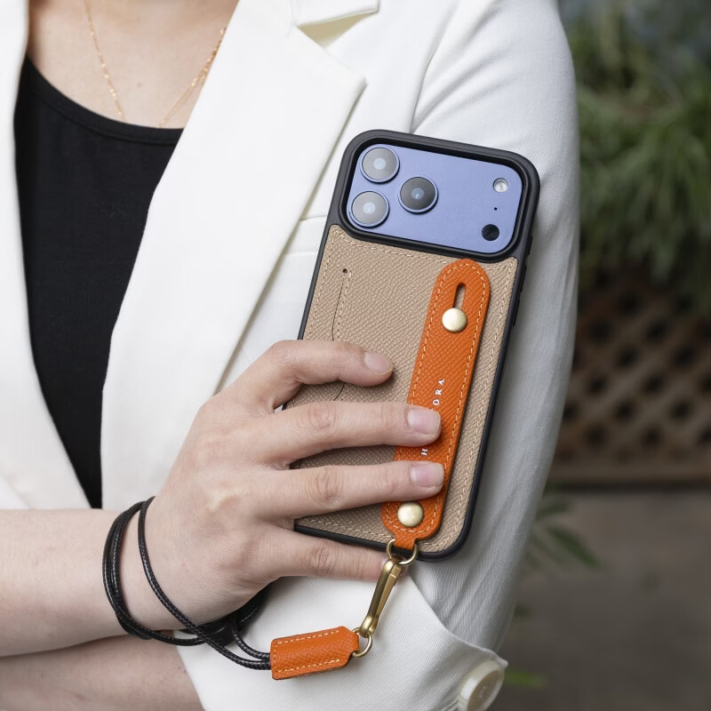 花虎（HANATORA）苹果17/16/15Promax手机壳新款日式真皮iPhone15/14pro高端全包防摔腕带挂绳带支架卡包男女款Air 【风衣灰+橙】配挂脖绳 iPhone 17 Pro