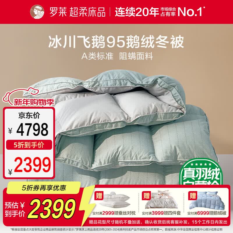 罗莱家纺 羽绒被 A类95%水洗鹅绒被子保暖冬被芯 约5.2斤绿