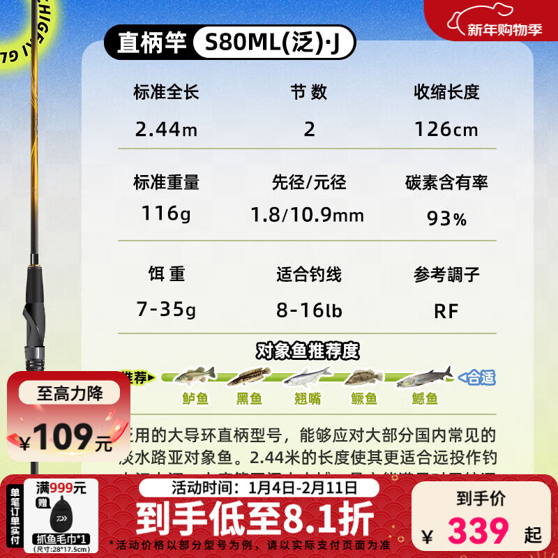 達億瓦（DAIWA） 一擊GL路亞竿 泛用微物蟲竿雷強竿全環(huán)境通用進口魚竿遠投竿碳素 2.44m 2代-【可滑漂】S80ML（2節(jié)中軟調直柄） 不支持使用/試用后退換貨