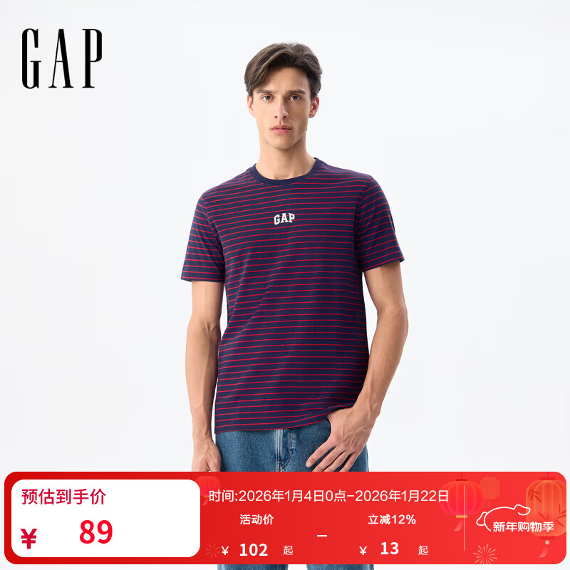 GAP男女装2025夏季新款logo条纹纯棉短袖T恤常规上衣美版 红色条纹 768022 M 美码 L亚洲码180/96A 【偏大，建议拍小一码】