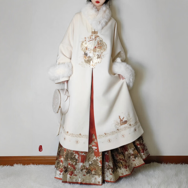 上遥居 汉服汉服女鹤别空山明制加绒冬款套装 白色套装【外袄+里衣+下裙+围脖】 L