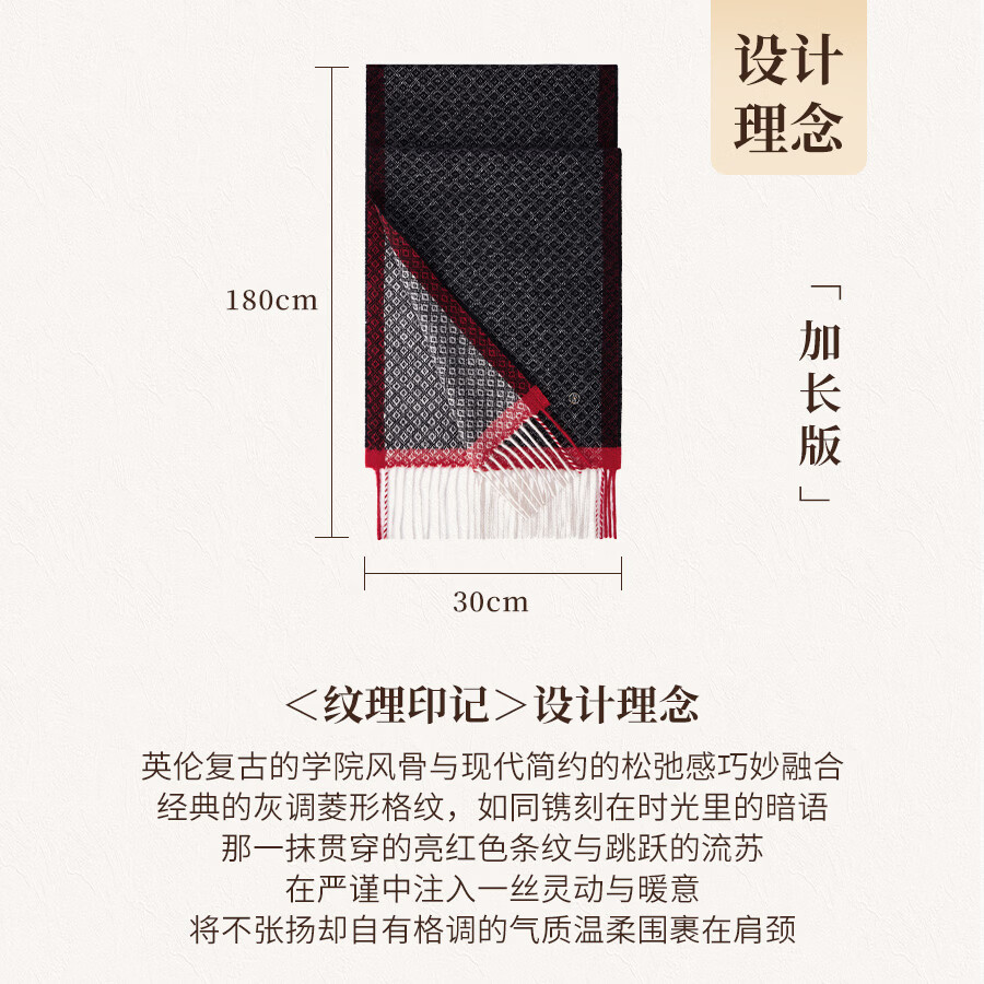 上海故事100%羊毛围巾情侣款生日礼物披肩新年礼物礼盒装简约保暖围脖 纹理印记-黑灰红 180*30cm