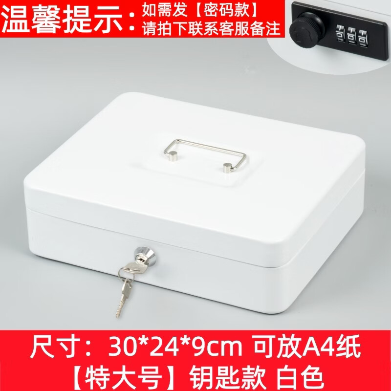 带锁收纳盒票据密码锁铁盒桌面小箱子文件钱箱证件储物箱大首饰盒 特大号【钥匙款】白色【可放A4纸】