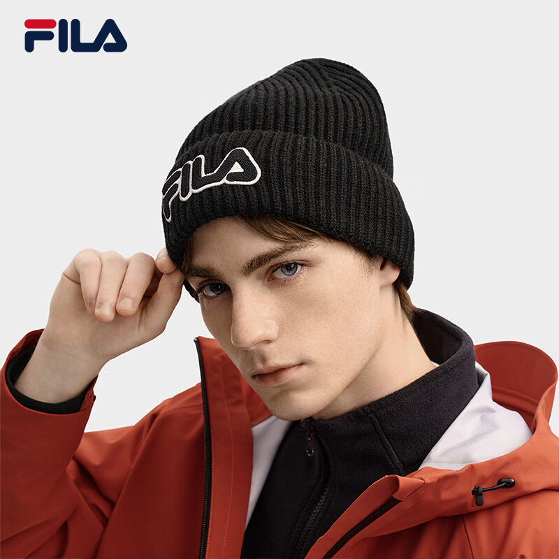 FILA 杨幂同款斐乐官方针织帽情侣款时尚休闲冷帽保暖帽子毛线帽 深黑-BK XS