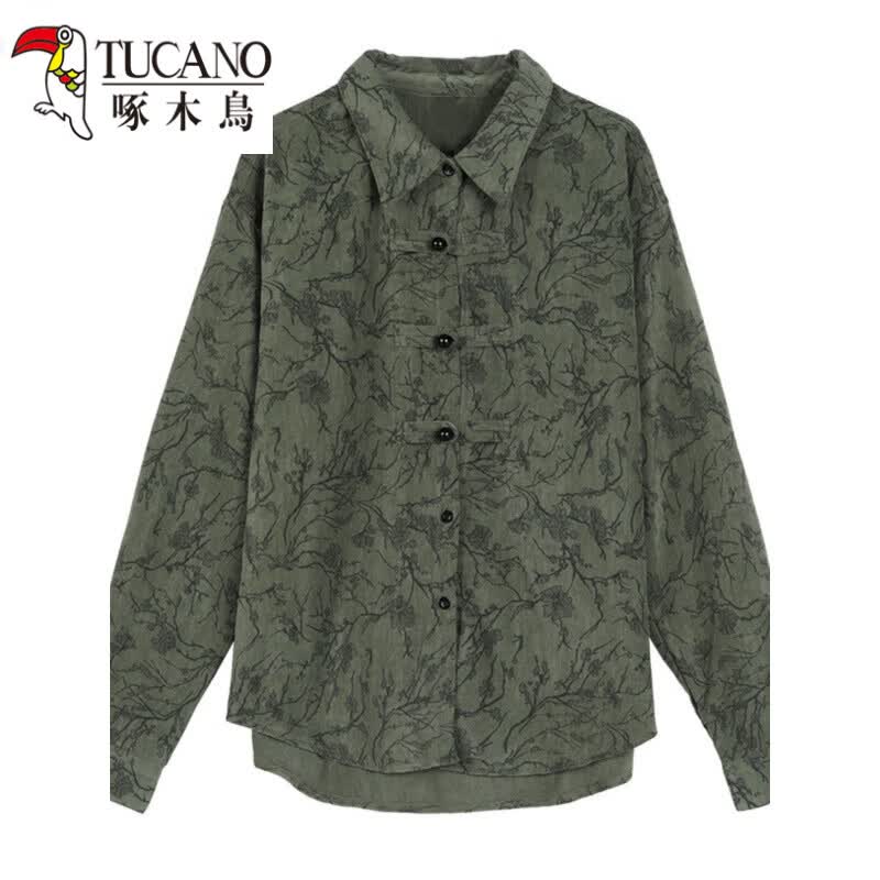 啄木鸟（TUCANO）新中式复古盘扣棉质印花衬衫外套女春秋宽松大尺码长袖开衫妈M妈 绿色 XL 【建议120-140斤】