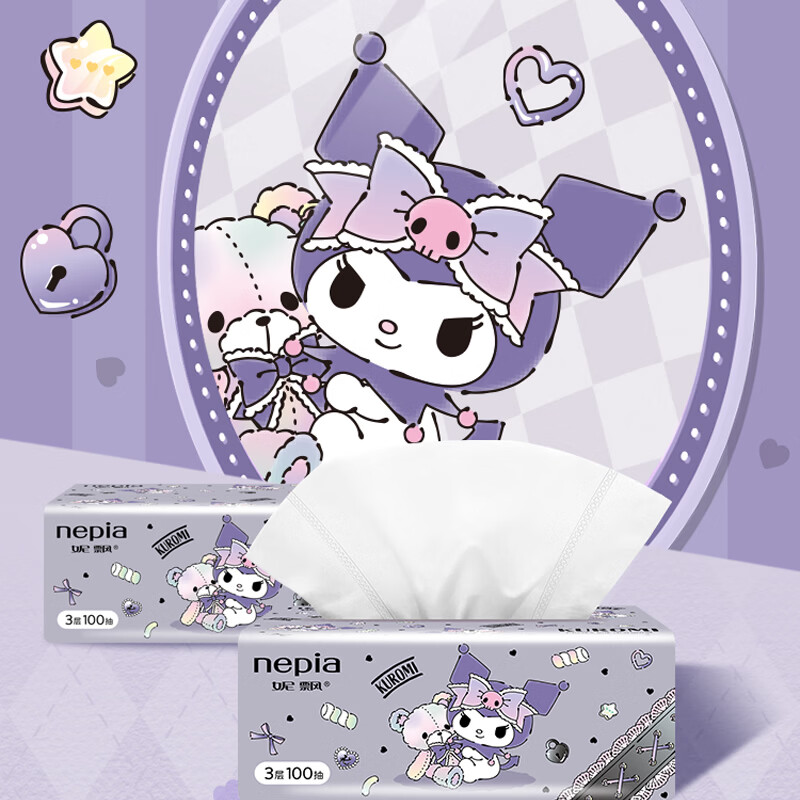 妮飘家用纸巾抽纸整箱实惠装餐巾纸卫生纸家庭装S码库洛米联名款 3层 100抽*10包 库洛米联名款