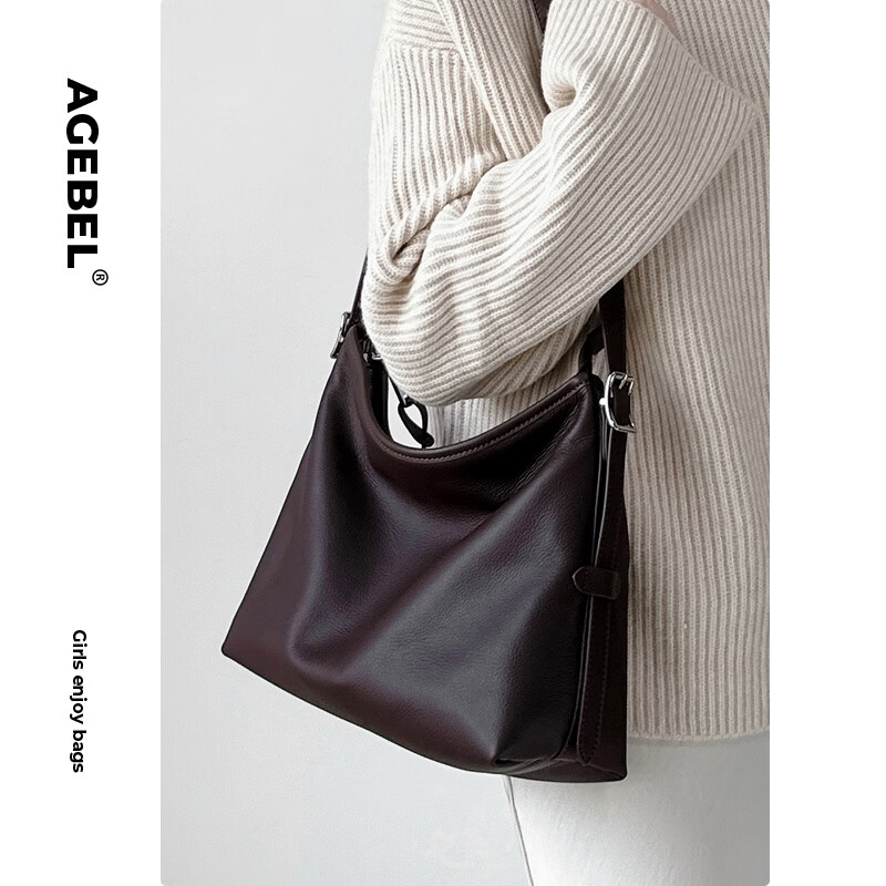 艾吉貝小眾軟皮托特包女大容量真皮大包高級感頭層牛皮通勤單肩斜挎女包 咖啡