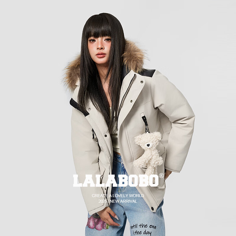 LALABOBO90鸭绒毛领工装羽绒服冬季新款保暖连帽加厚外套LBDD-WSYR17 绿色 L