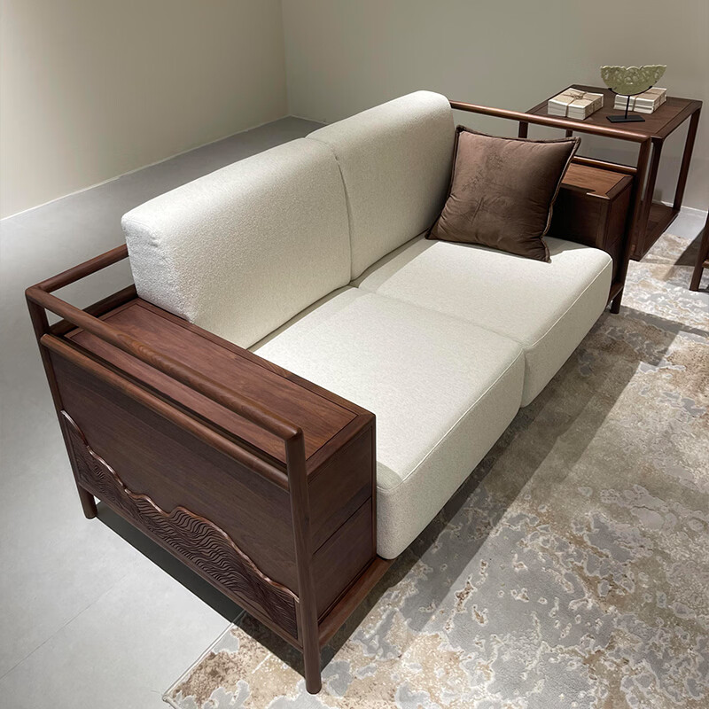 新中式黑胡桃木客厅沙发高端实木布艺沙发设计感小户型客厅三人位 定制联系客服