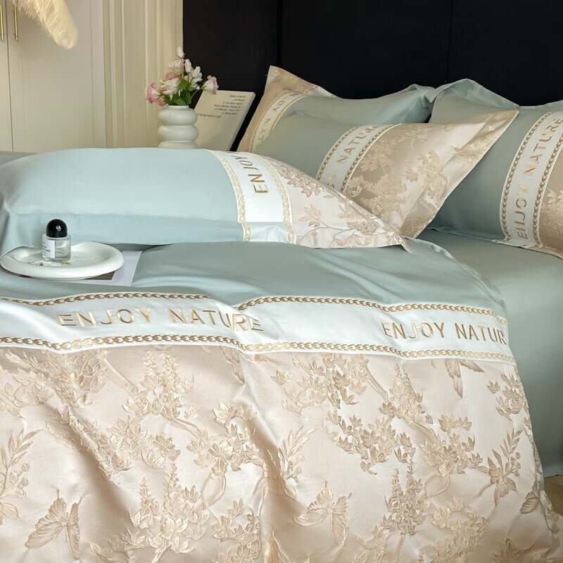 水星家纺四件套长绒棉纯棉亲肤棉浮雕刺绣被套床单床笠款床上用品 盛世年华-繁星蓝 床单款 1.8四件套-被套200x230