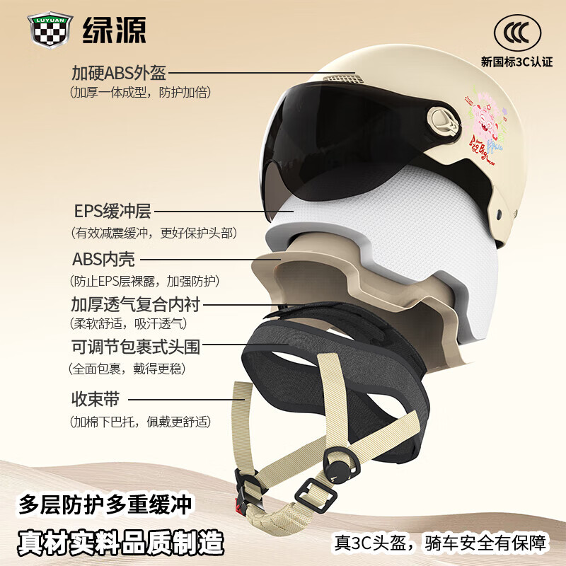 绿源电动车新国标3C认证成人头盔四季通用电瓶车男女安全帽轻便防晒夏 卡其色-透明短镜
