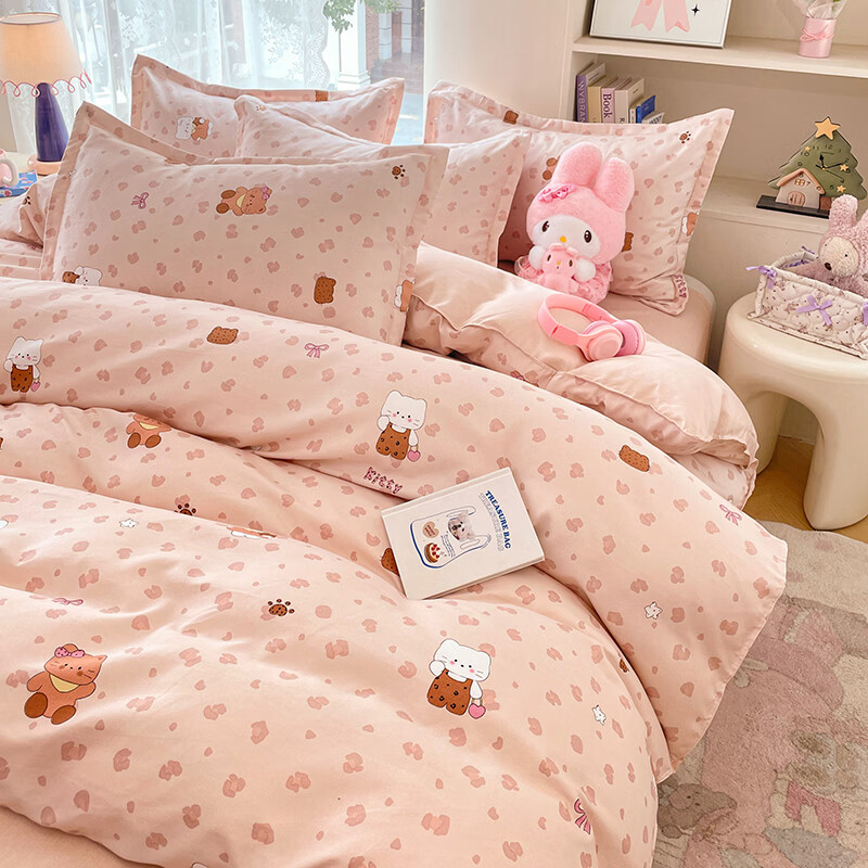 雅鹿小清新碎花四件套活性印花床单被套枕套淑女学生宿舍三件套被罩 甜喵语 1.2m三件套 床单款 （被套150*200cm）