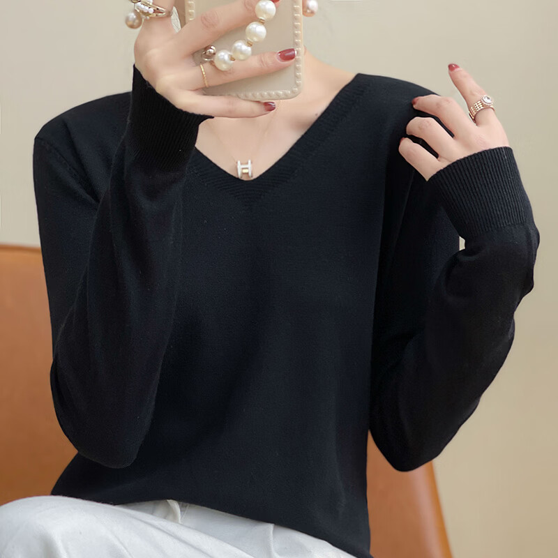 燠阳2025秋冬新款时尚V领打底套头针织衫宽松百搭长袖慵懒风打底上衣 套头V领-黑色 L 【100-120斤】