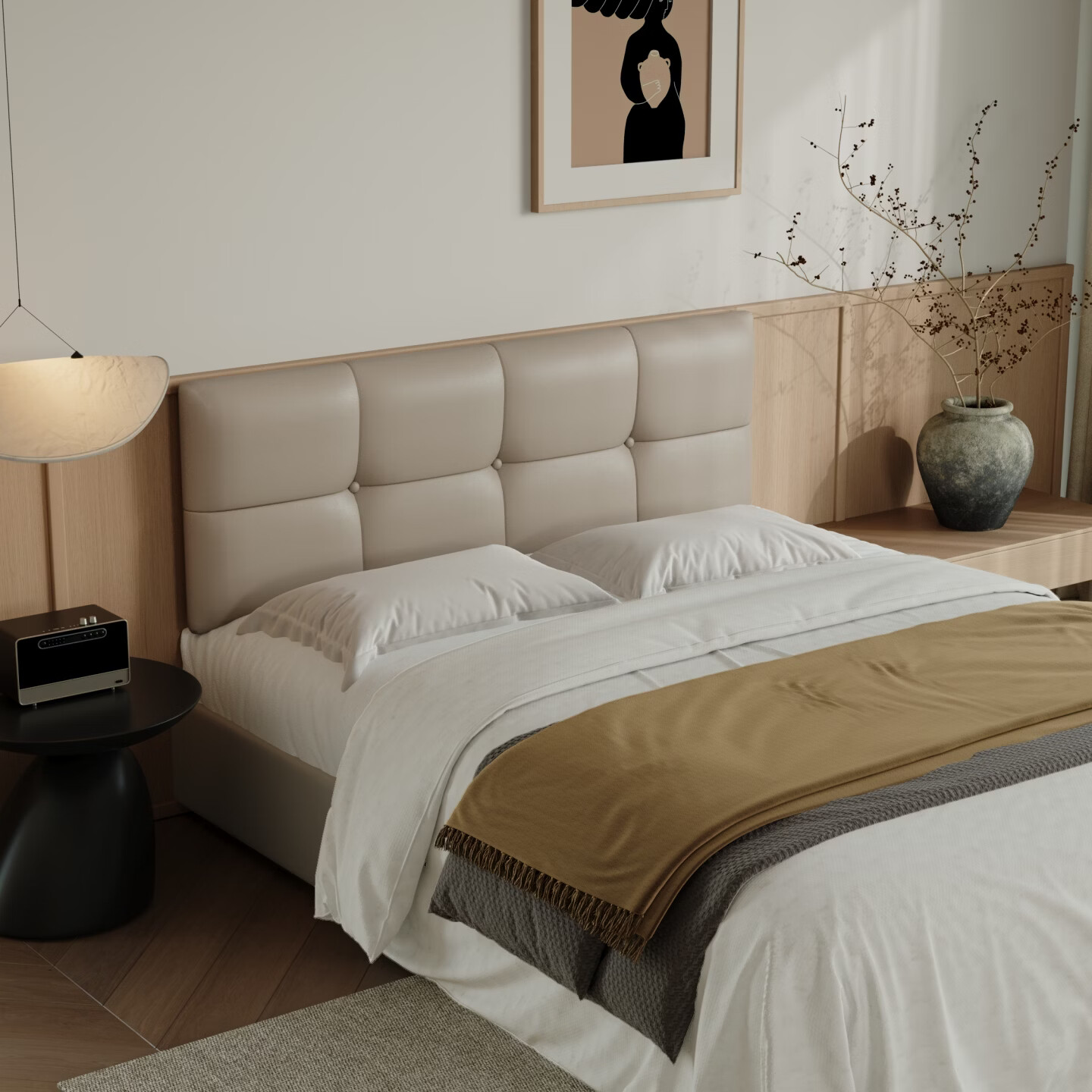 之于间薄款床头靠垫榻榻米墙围防撞悬浮床床围免洗无床头软包靠背垫皮质 浅奶杏 120cm*55cm*7cm 含枕芯 无床头