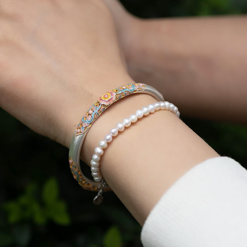 银手镯珐琅彩蜀锦 海棠花9999描金镂空开口手环新代购 蜀锦手镯(约22g±1g)