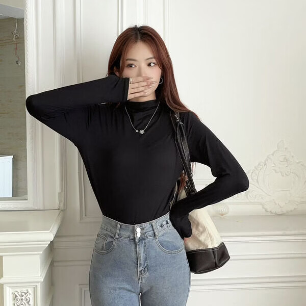 【精选】九色半高领面膜打底衫女春秋莫代尔女士亲肤修身百搭上衣 黑色 L 【80-110斤】