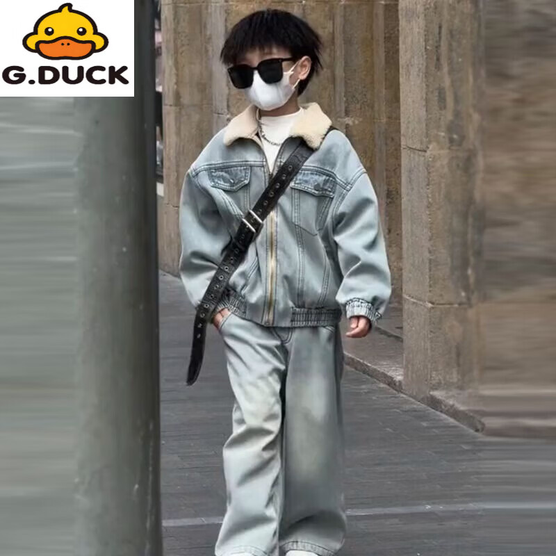 G.duck男女童加绒牛仔套装2025冬季新款洋气中大童加厚外套长裤两件套 牛仔套装 加绒 160