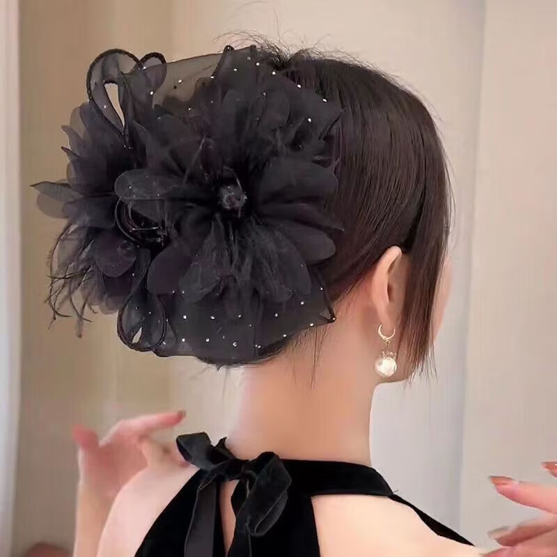 【严选】发饰网纱羽毛思亚新款非金属布艺黑夜发卡花片手工蝴蝶结 2# 13厘米满天星花朵羽毛抓夹