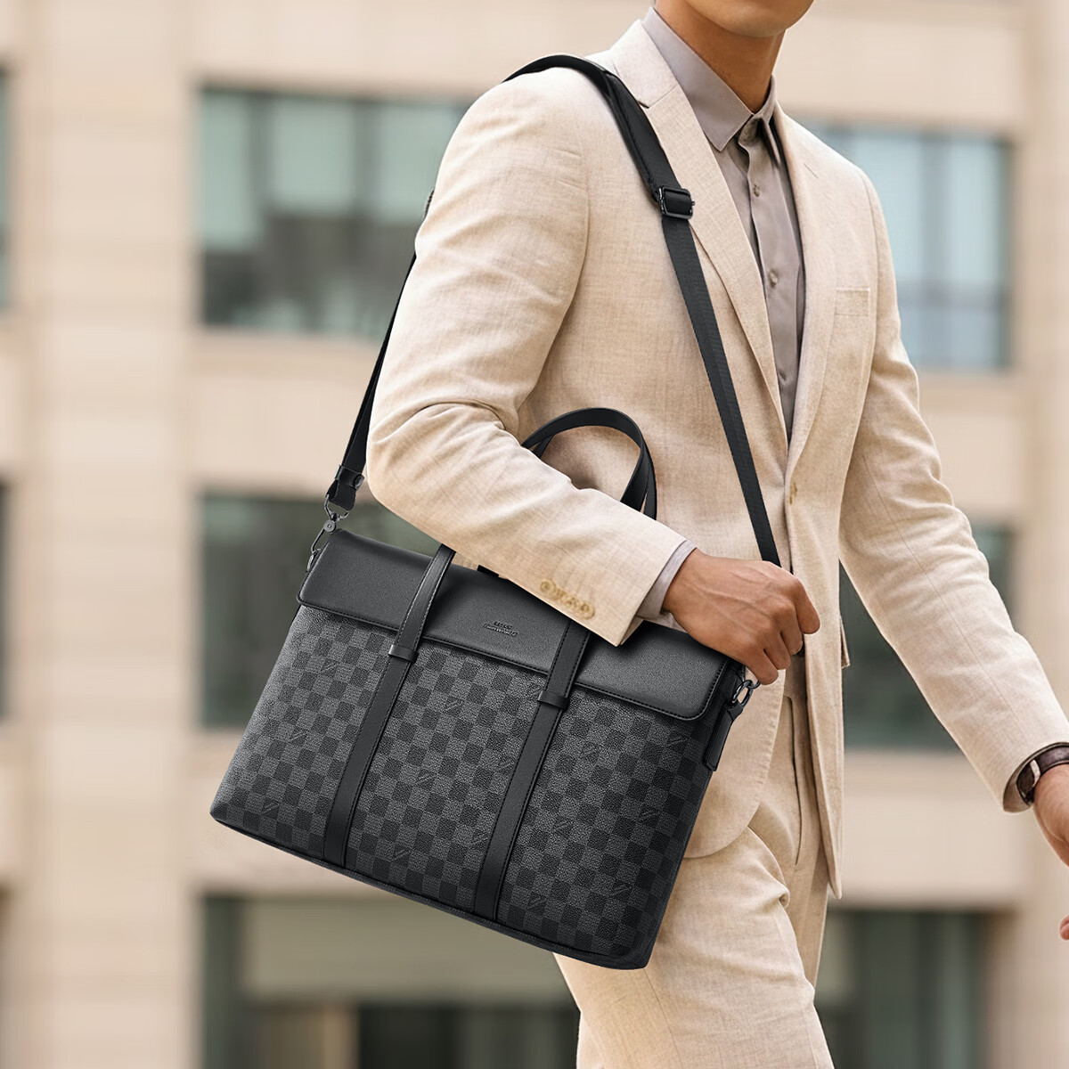 马克华菲男士高端手提包政务干部公文包律师商务出差16英寸电脑包大容量包 大师格子 黑色