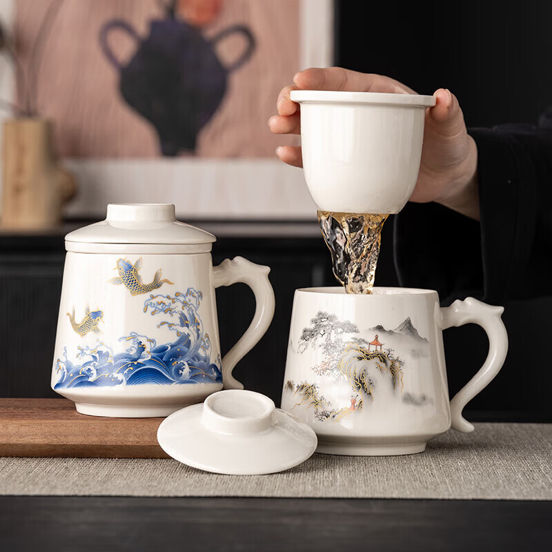 韵化茶杯茶水分离陶瓷个人专用马克水杯高档办公杯公司活动商务伴手礼 草木灰【鱼跃】龙把办公杯三件套