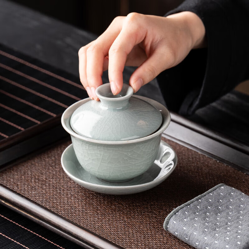 韵化【精选直发】汝窑三才盖碗开片铁线单个高档可养家用泡茶茶碗礼盒 密釉绿三才盖碗