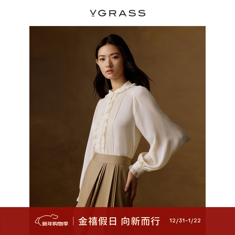 VGRASS維格娜絲春秋新款真絲順紆縐塔克褶蕾絲花邊襯衫女 密合色 L