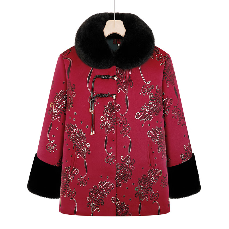 孜颜奶奶冬装棉服中老年女装冬季皮毛一体外套保暖妈妈棉袄新年衣服女 9602红色 3XL 【115-130斤】