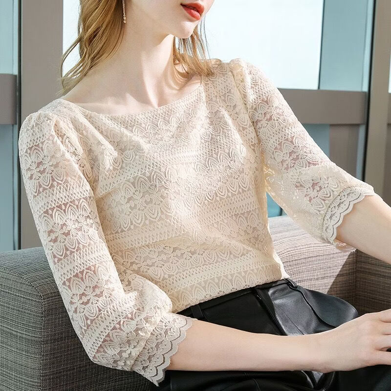2021新款蕾丝打底衫女一字领洋气镂空小衫性感七分袖T恤内搭上衣 杏色【505】 5XL 需定制码（建议155165斤