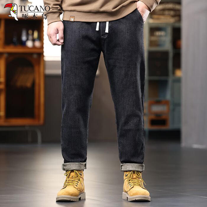 啄木鸟大码胖子松紧腰牛仔裤男秋冬加厚宽松直筒休闲百搭潮流潮牌男裤子 黑灰 1209 M