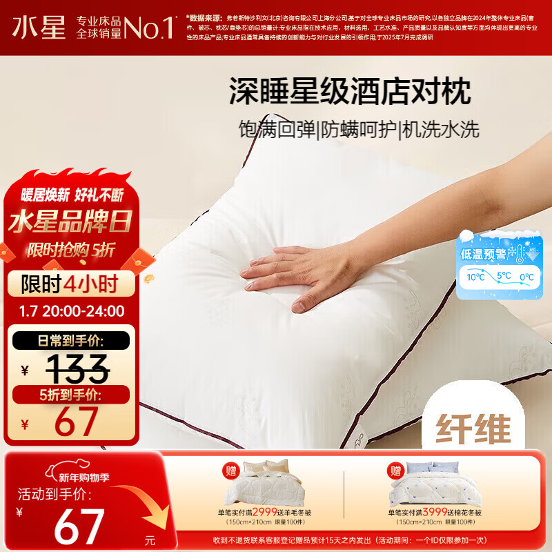 水星家纺枕头枕芯酒店枕头护颈枕头芯家用一对纯棉抗菌可水洗中枕48x74cm