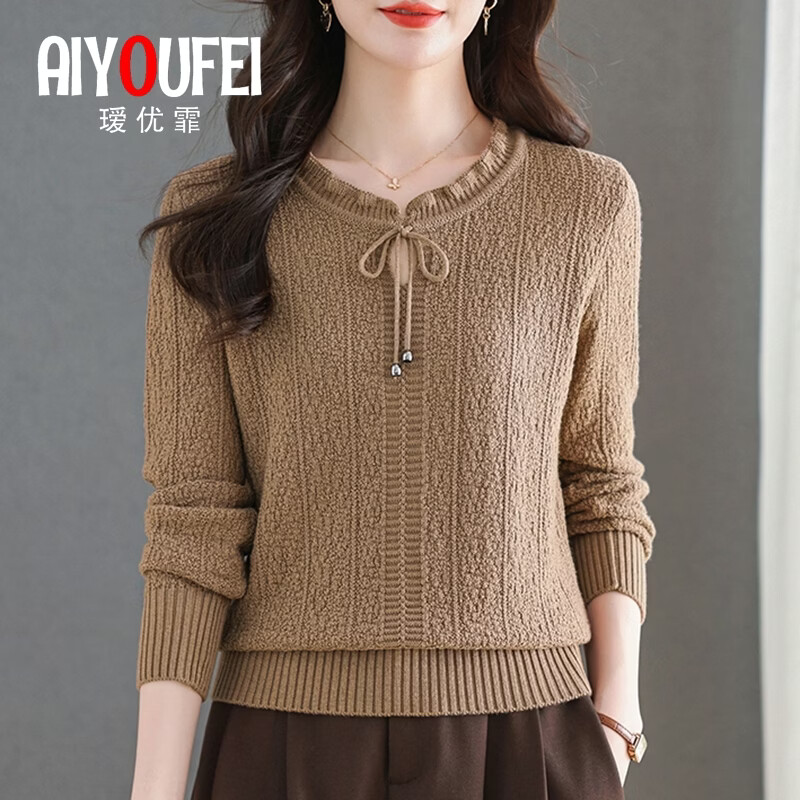 瑷优霏(aiyoufei)设计感圆领针织衫女春秋装新款百搭洋气毛衣女宽松减龄内搭打底衫 咖色 L 建议105-115斤左右