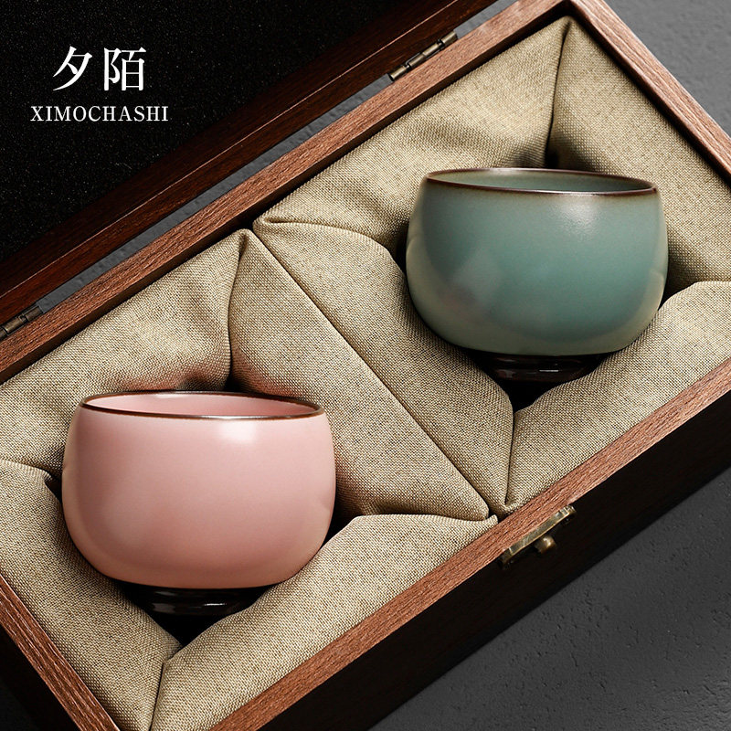 汝窑茶杯功夫茶具情侣对杯禅定主人杯男女 镶龙汝窑禅定杯(粉色)+布袋 200mL以下