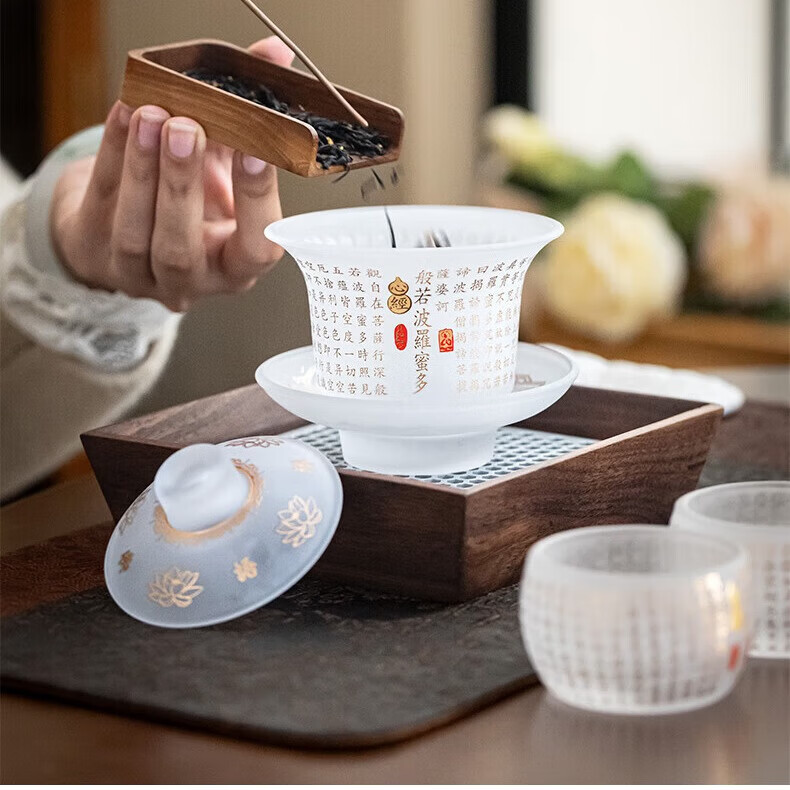 琉璃心经茶具套组功夫茶具套装琉璃盖碗公杯客杯茶具套装泡茶 心经茶具套装 4头