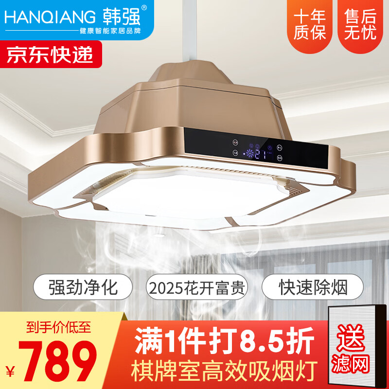 韩强麻将灯棋牌室空气吸烟净化器遥控自动升降吊灯智能家居净化灯 【2025款】大吸力高亮度_香槟金